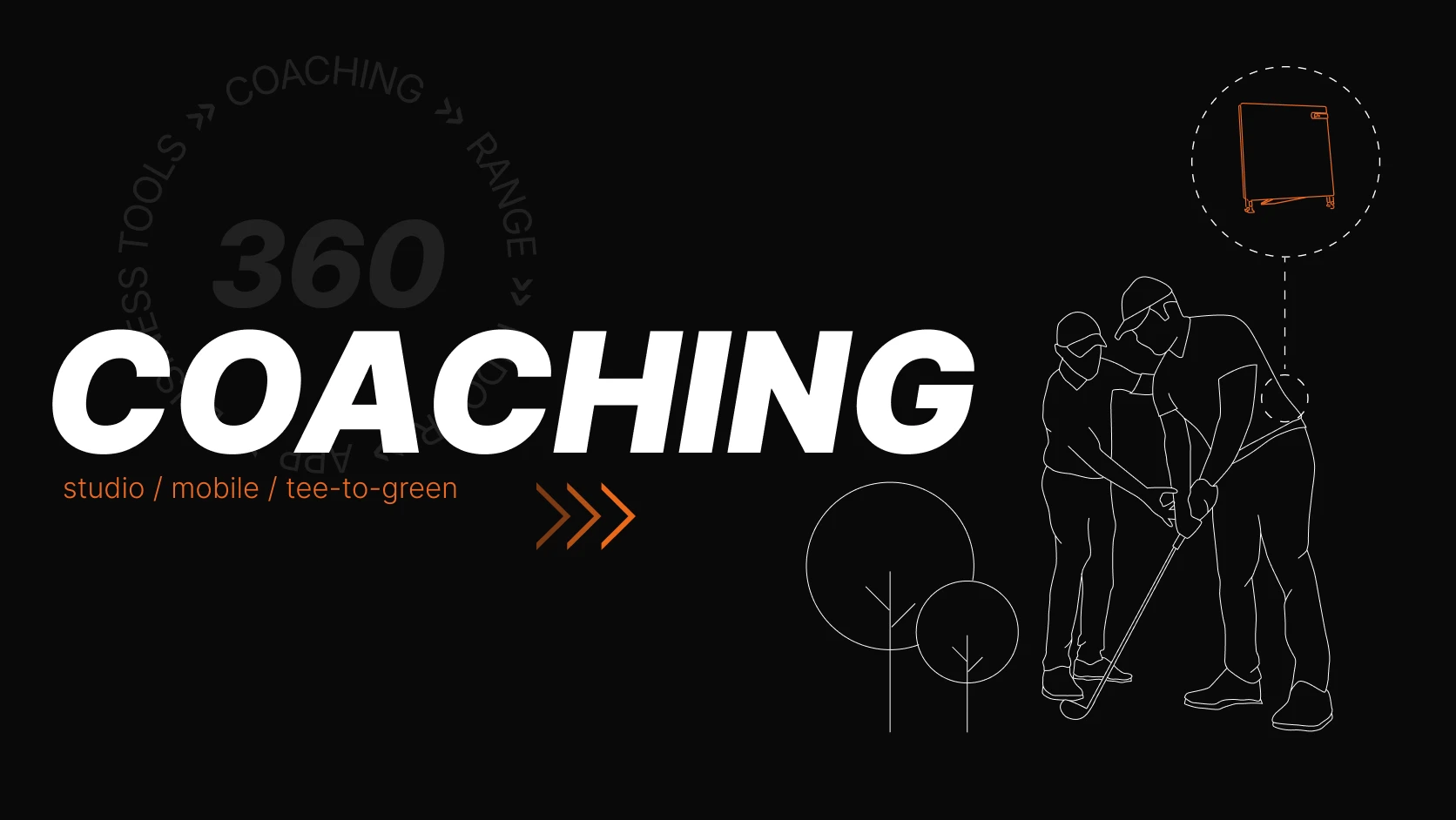 "COACHING" text with silhouettes of two golfers, arrows, and circular graphics on a black background.