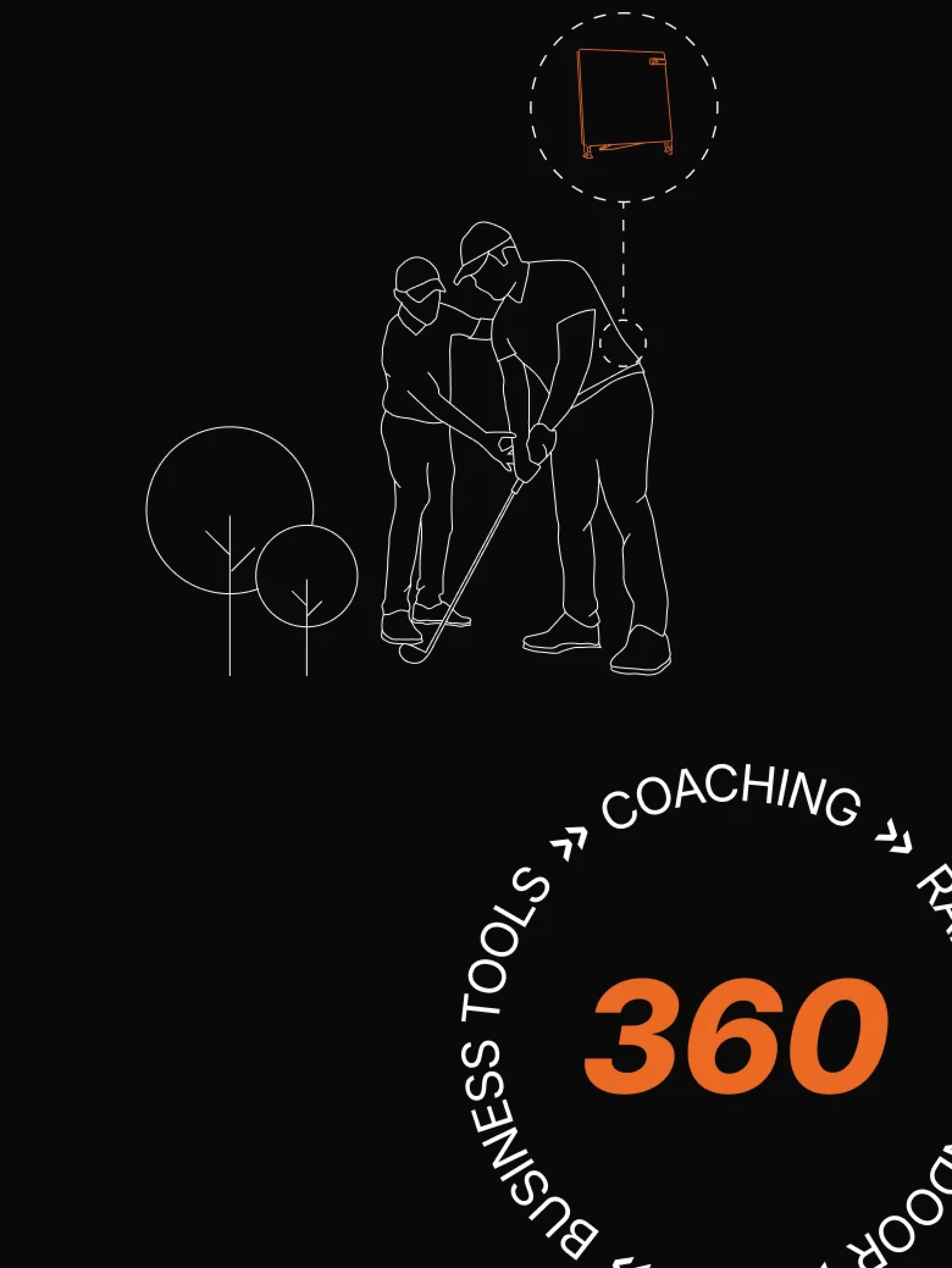 Outlined figures engaged in a coaching session, with "360" and related terms in orange, against a black background.