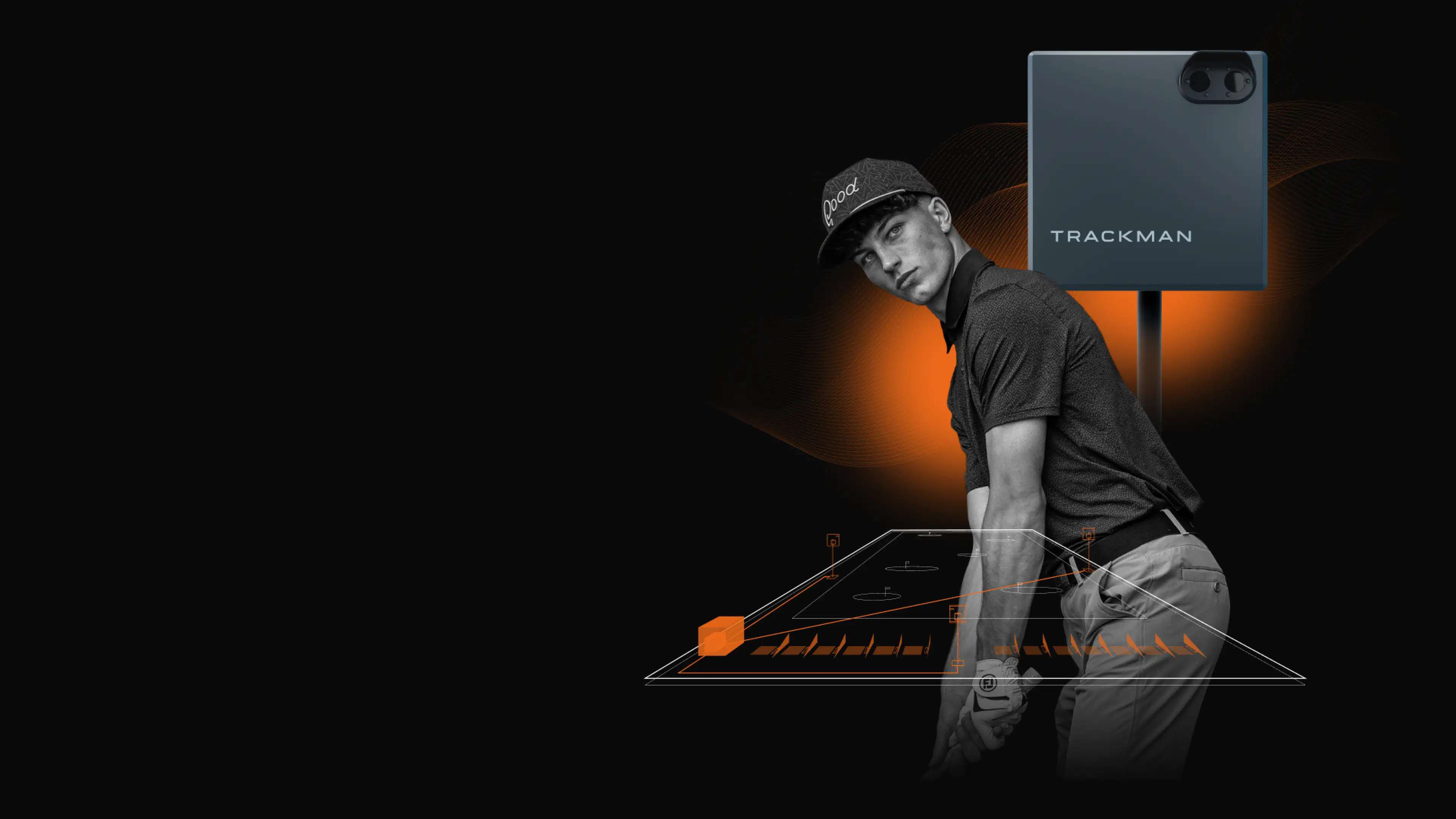 Golfer in mid-swing beside a TrackMan device, set against a dark background with orange accents and digital graphics.