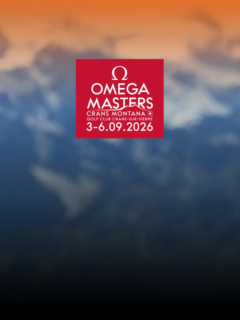 Omega Masters 2026 logo on blurred mountain background, with event details: Crans Montana, Golf Club Crans-Sur-Sierre, 3-6.09.2026.