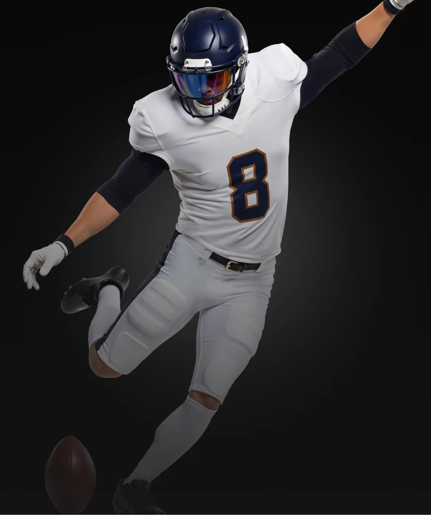 American football player in motion, wearing a helmet and white uniform with the number 8, poised to catch a football in mid-air.
