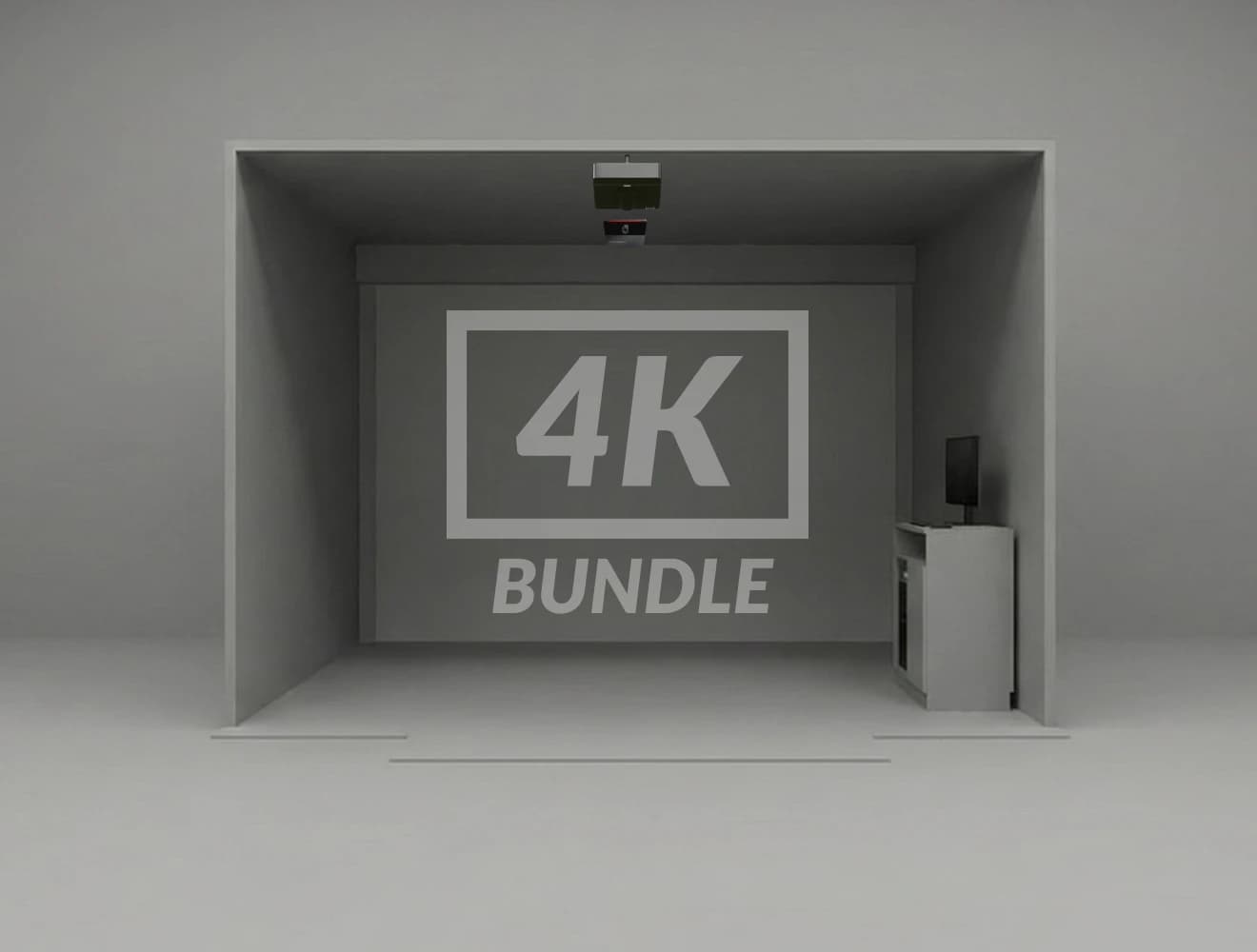 Grey room with a "4K Bundle" label, featuring a ceiling-mounted projector and a monitor on a stand against the back wall.