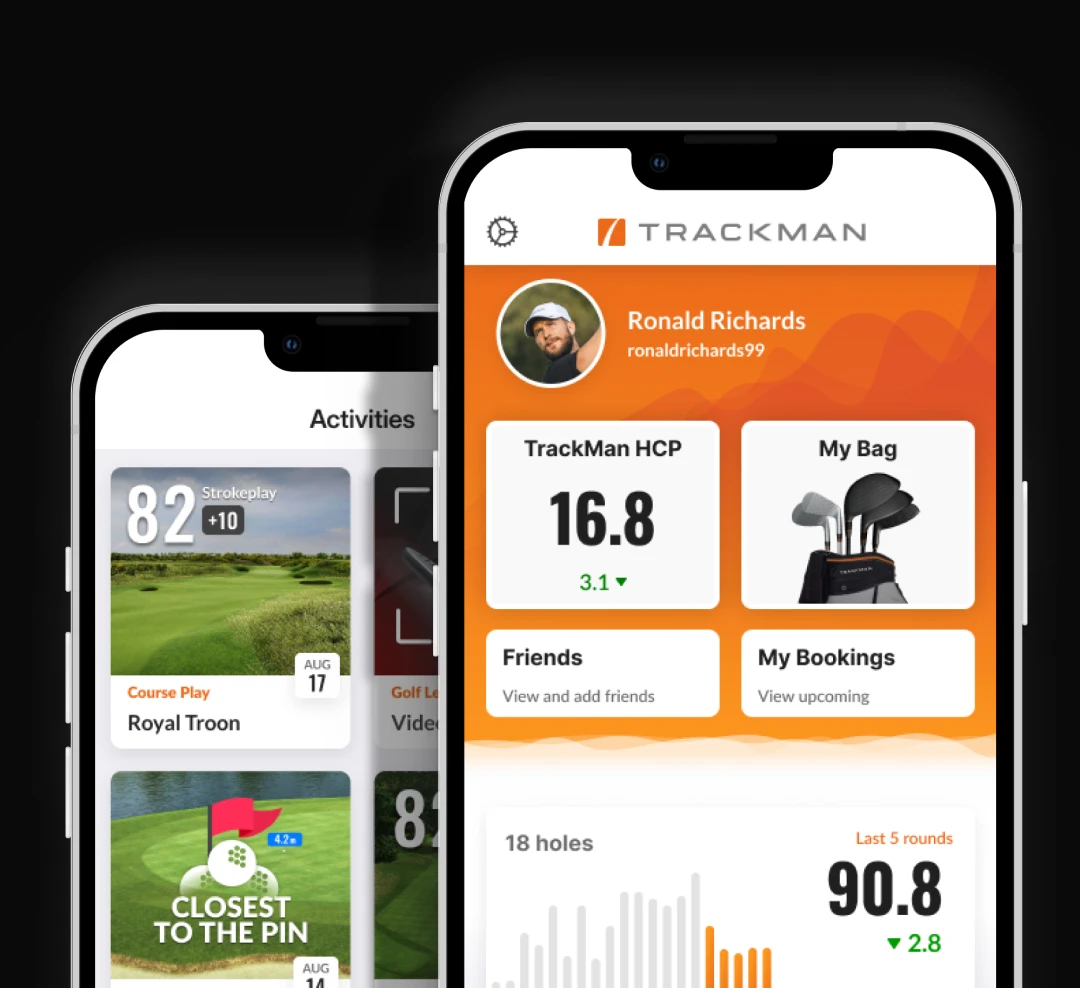 Close-up of two smartphones showing the TrackMan app interface with golf stats, activities, and profile information on a black background.