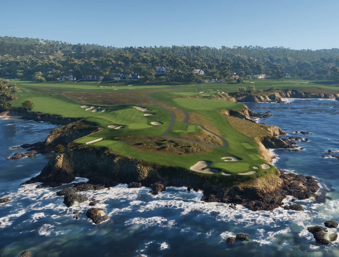 Aerial view of a scenic coastal golf course with lush green fairways, sand bunkers, and cliffs overlooking the ocean waves below.