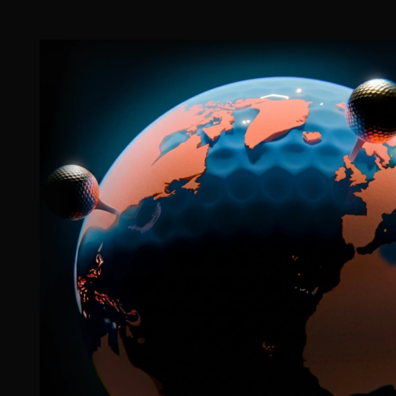 A globe resembling a golf ball with continents in orange. Two golf balls float nearby, connected with tees, against a dark background.