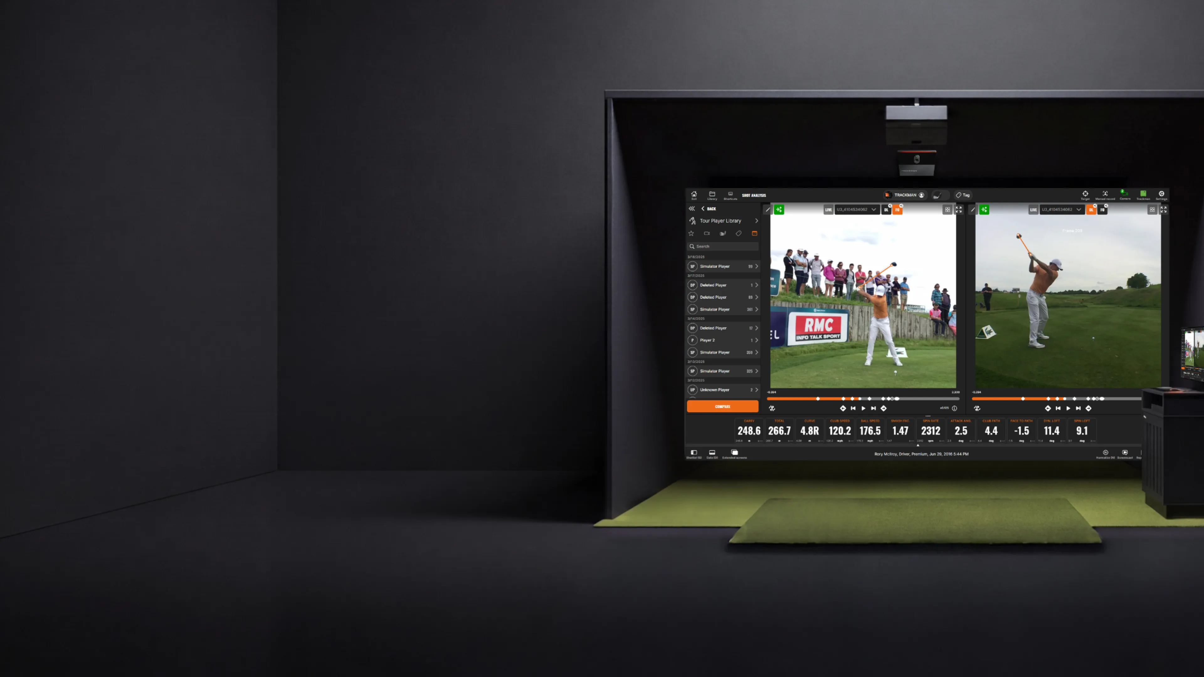 Golf simulator showing a golfer's swing analysis on split screens in a minimal, dark room setup.