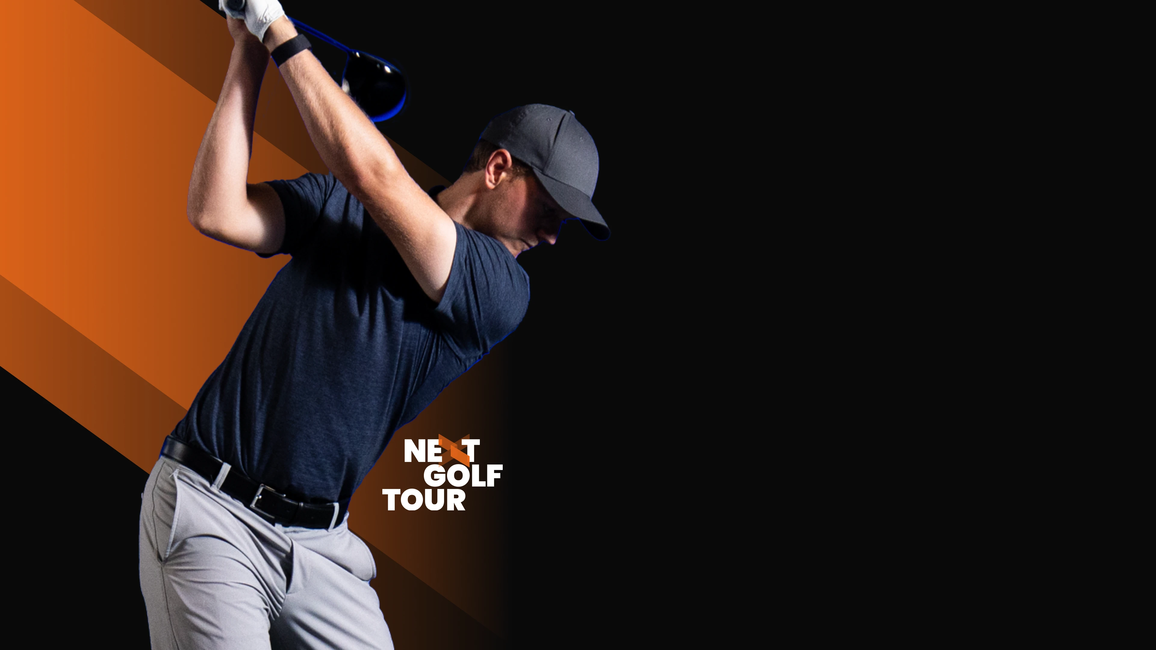 Golfer in mid-swing wearing a dark cap and shirt, with "Next Golf Tour" logo on a black and orange background.