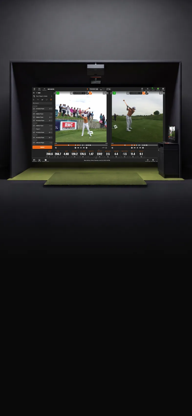 Golf simulator room featuring dual screens showing golfer's swing analysis, with various shot metrics displayed at the bottom.