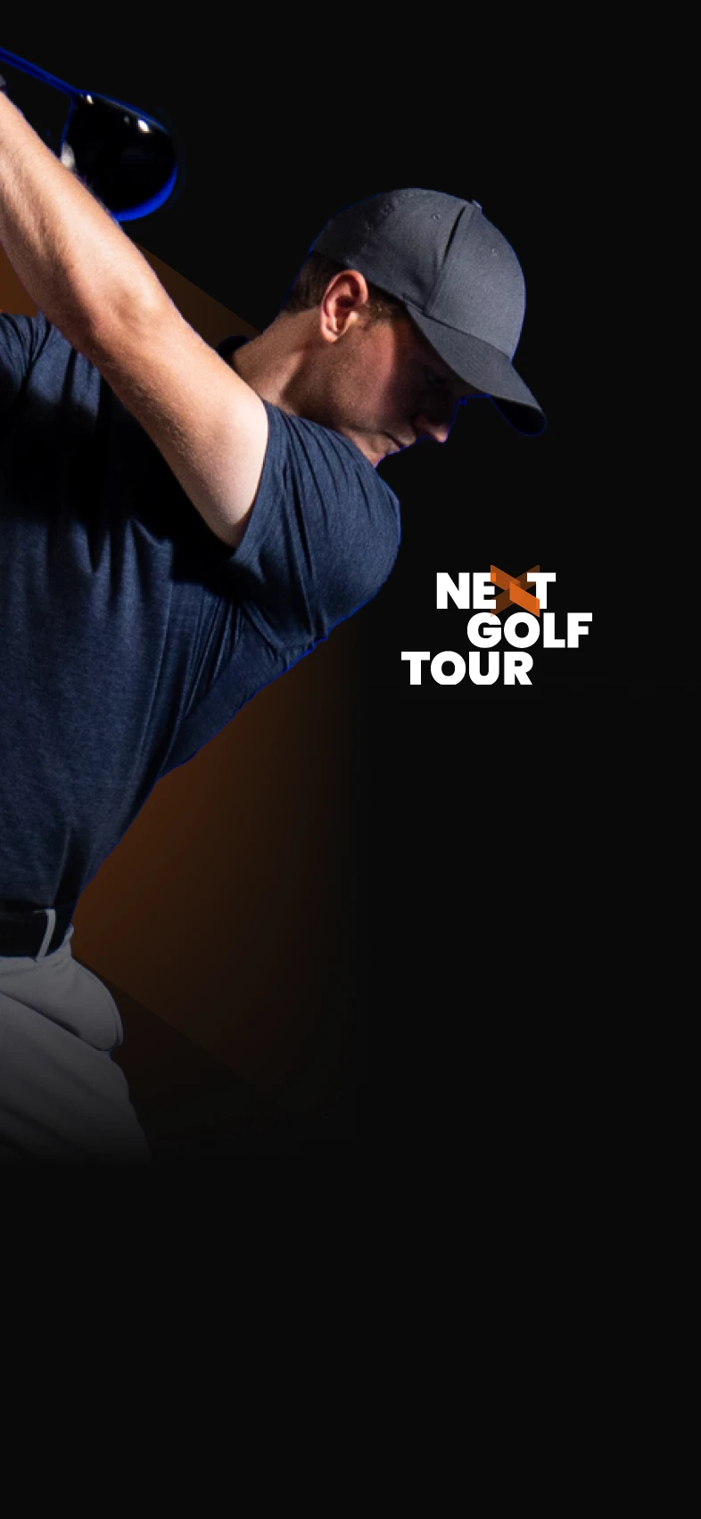 Golfer in a cap preparing to swing, with the text “Next Golf Tour” on a dark background.